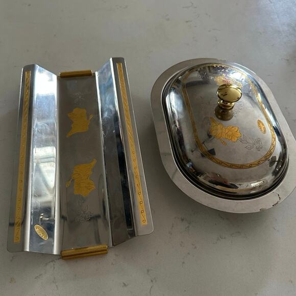 MCM Stainless Steel Lidded Butter Dish caviar cake tray set gold floral fasix - Picture 3 of 16